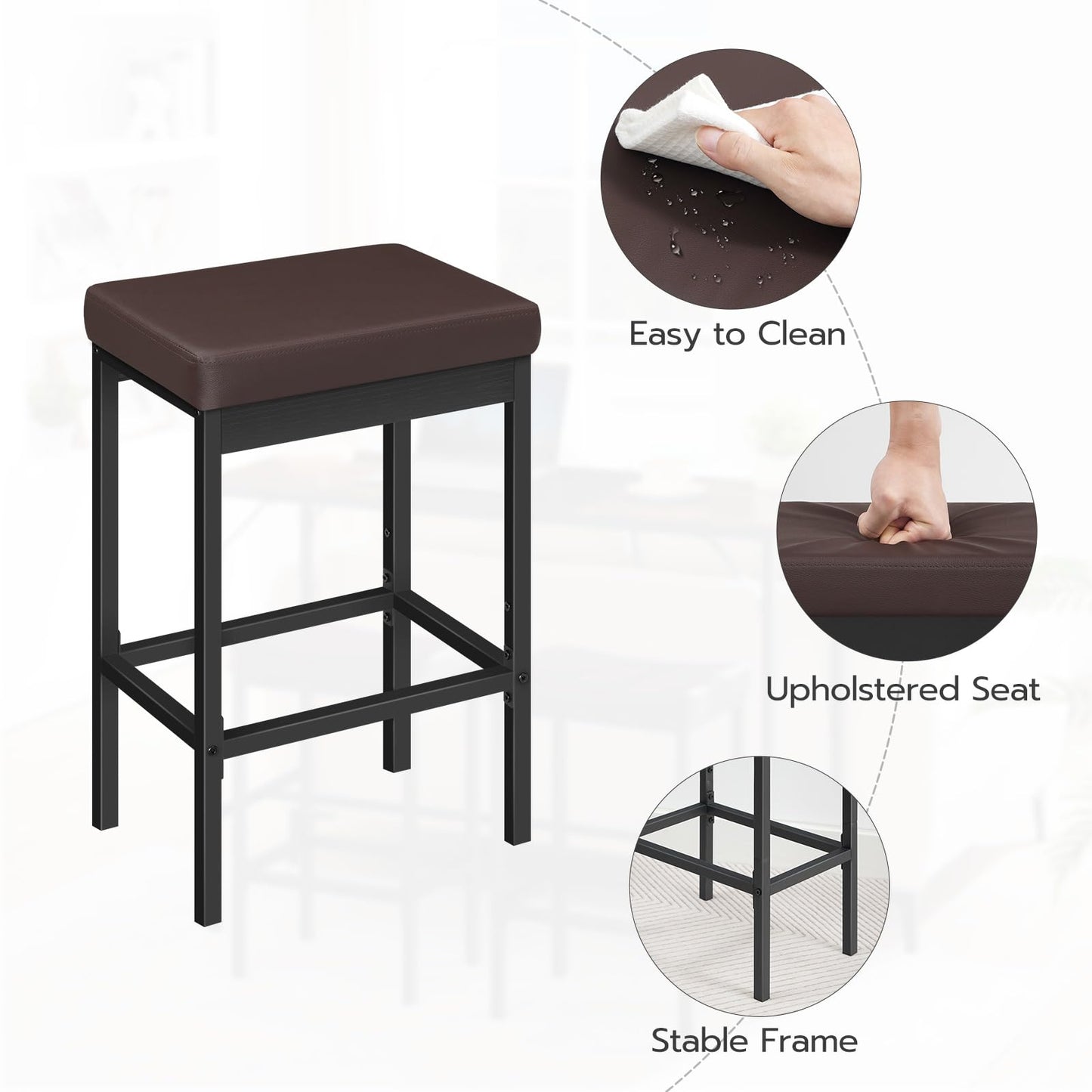 HOOBRO Barhocker 2er-Set, Barstuhl für die Küche, Küchenhocker 5 cm gut gepolsterte Sitzfläche, 63 cm hoch, einfache Montage, für Küche, Restaurant, Cafeteria, Theke, Braun und Schwarz EBC21BY01