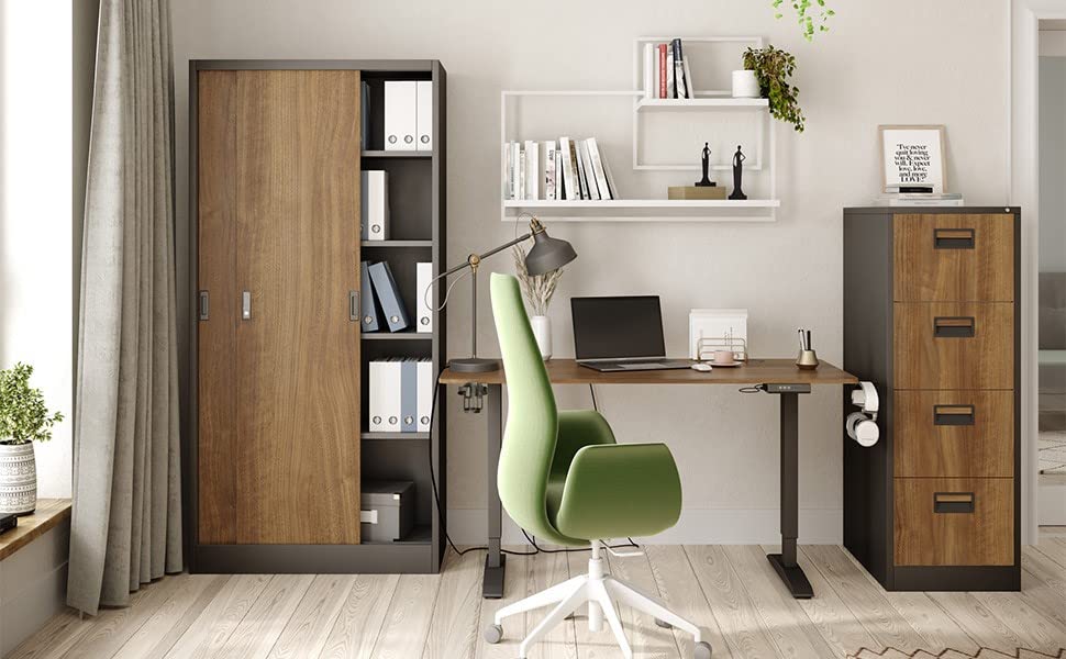 Jan Nowak Aktenschrank Büroschrank mit Schiebetüren Metall 4 Fachböden Pulverbeschichtung Abschließbar 185 cm x 90 cm x 40 cm (Anthrazit/Holzoptik)
