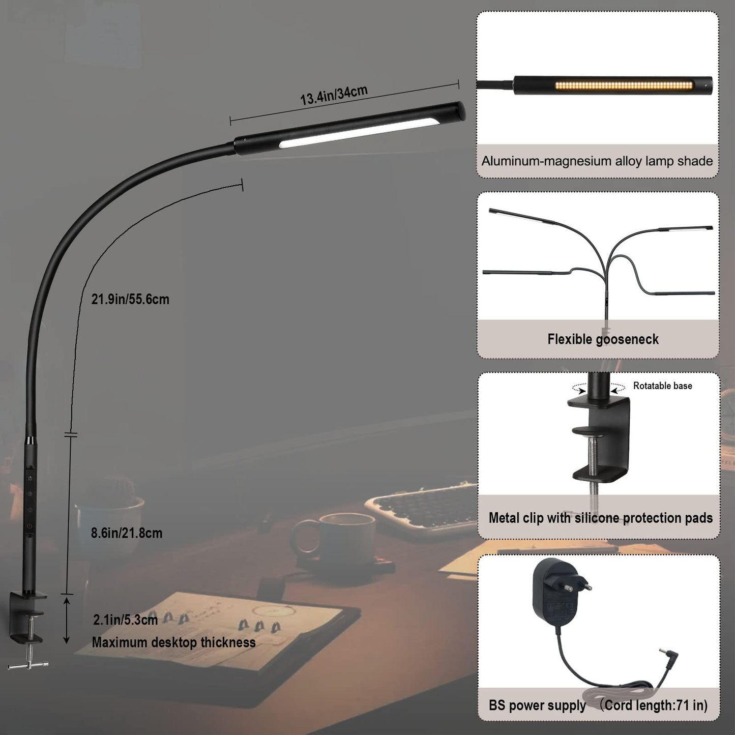 EYOCEAN Schreibtischlampe LED mit Fernbedienung, Verstellbare Schwanenhals Klemmleuchte, Einstellbare Dimmen & Farbtemperaturen, Berührungssteuerung Büro Tischlampe, 12W, Mattschwarz