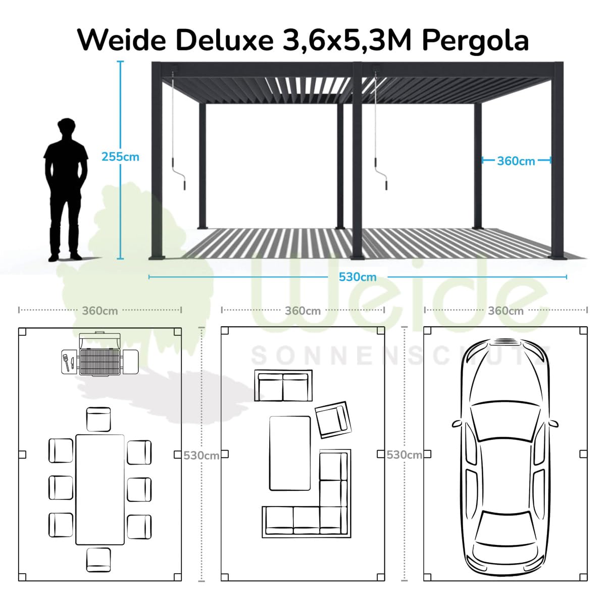 Weide Deluxe Pergola mit Lamellendach I Rostfreie & Robuste Voll-Aluminium Pavillon freistehend I Optimaler Schutz vor Sonne & Regen Dank verstellbaren Aluminium-Lamellen (Anthrazit, 3,6 x 5,3 M)