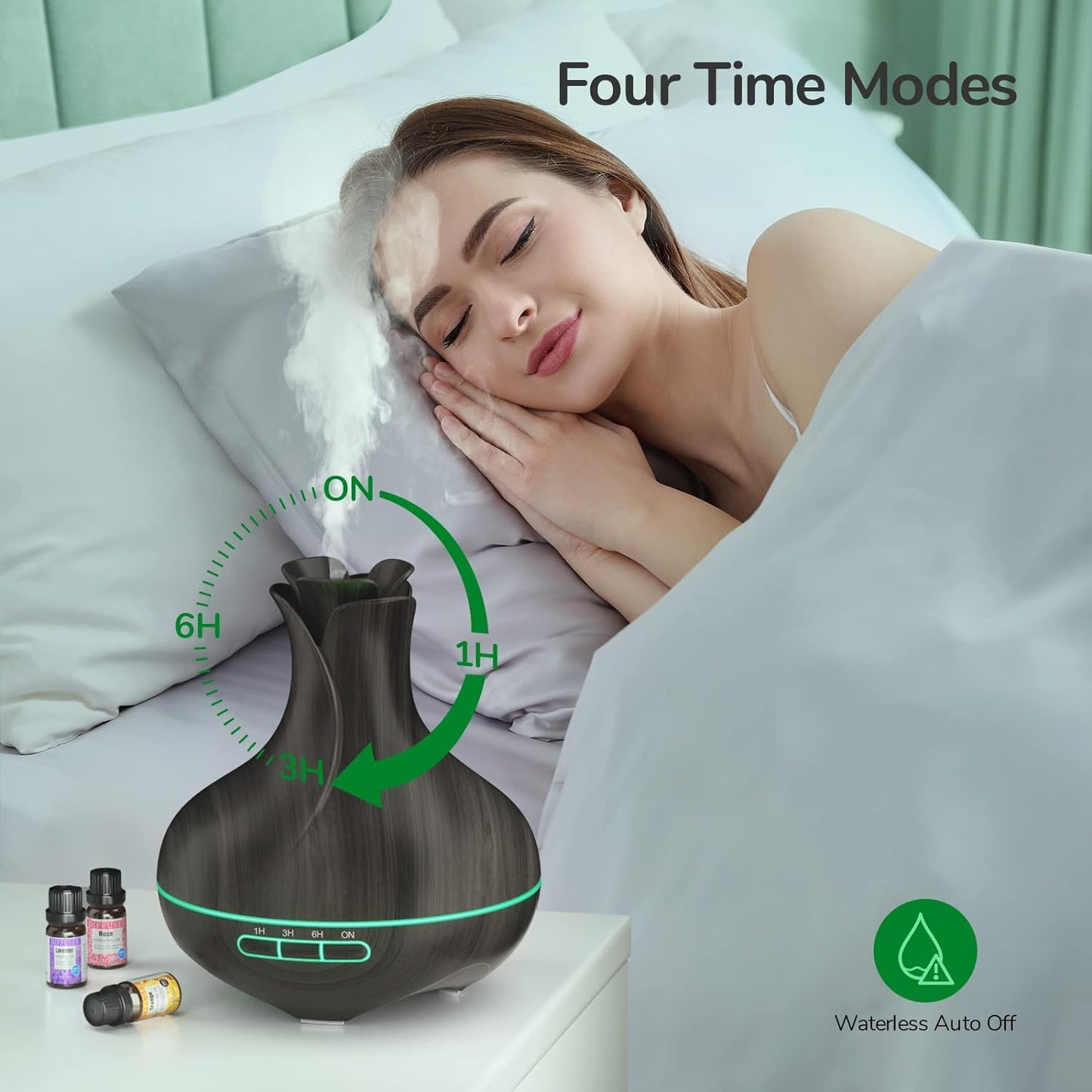 Aroma Diffuser, 600 ML Mit 8 Ätherischen Ölen, Luftbefeuchter Schlafzimmer, Luftbefeuchter mit Fernbedienung, 4 Timer, Automatische Wasserlose Abschaltung für Große Räume