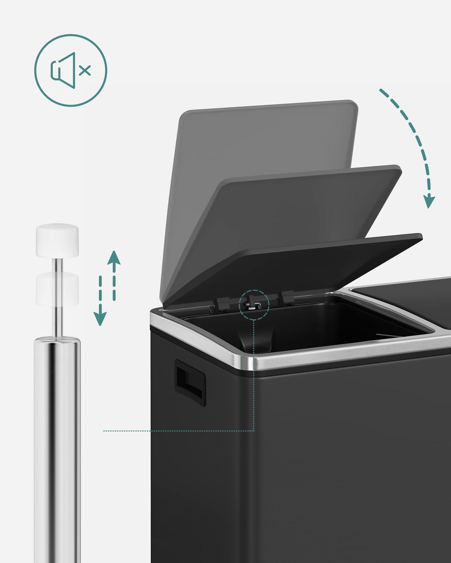 SONGMICS Mülleimer, Abfalleimer, Mülltrennsystem mit 2 Fächern, Treteimer für die Küche, x 24 L, Softclose, Inneneimer aus Kunststoff, Fußpedalen und Handgriffen, schwarz LTB48BK, 58.5 32 54.5 cm