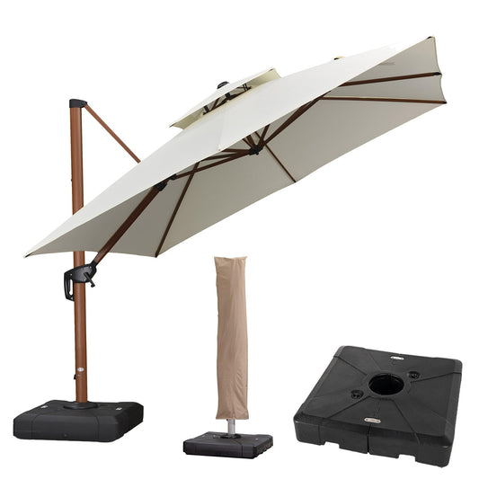 PURPLE LEAF Alu Holzoptik Sonnenschirm Groß Ampelschirm 300 x 300 cm mit Schirmständer Gartenschirm 360° Drehbar, Marktschirm mit Kurbel Doppeldach, XXL, Sonnenschutz UV50+, Cream