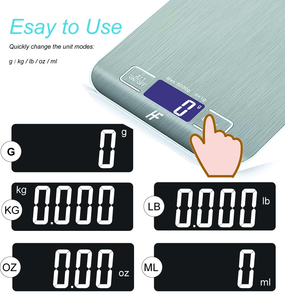 HomeFashion Küchenwaage Edelstahl, Hochpräzise 5kg 1g Digitalwaage mit LCD Display, Tara-Funktion, 6 Maßeinheiten, Batterien inklusive