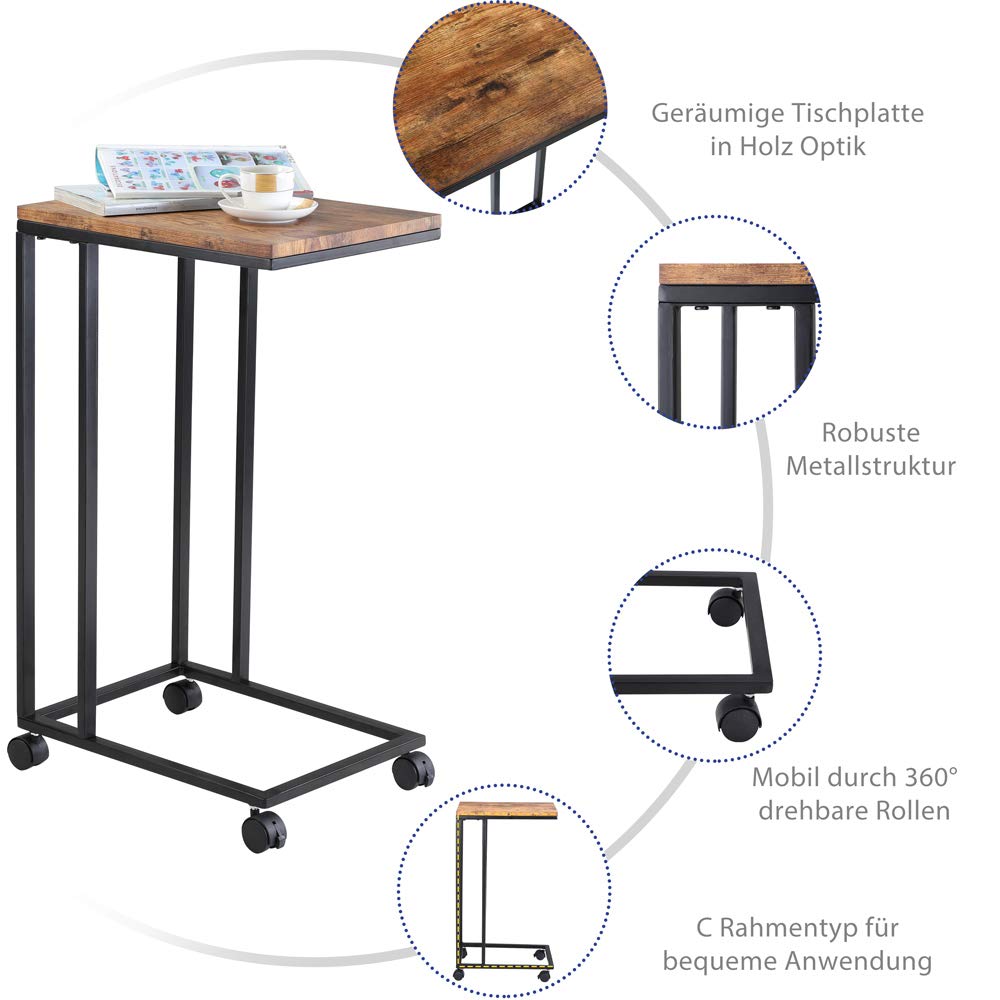 Casaria® Beistelltisch mit Rollen 50x35x70cm C Form Holz Metall Modern 40kg Belastbarkeit Wohnzimmer Schlafzimmer Sofatisch Kaffeetisch Nachttisch Schwarz