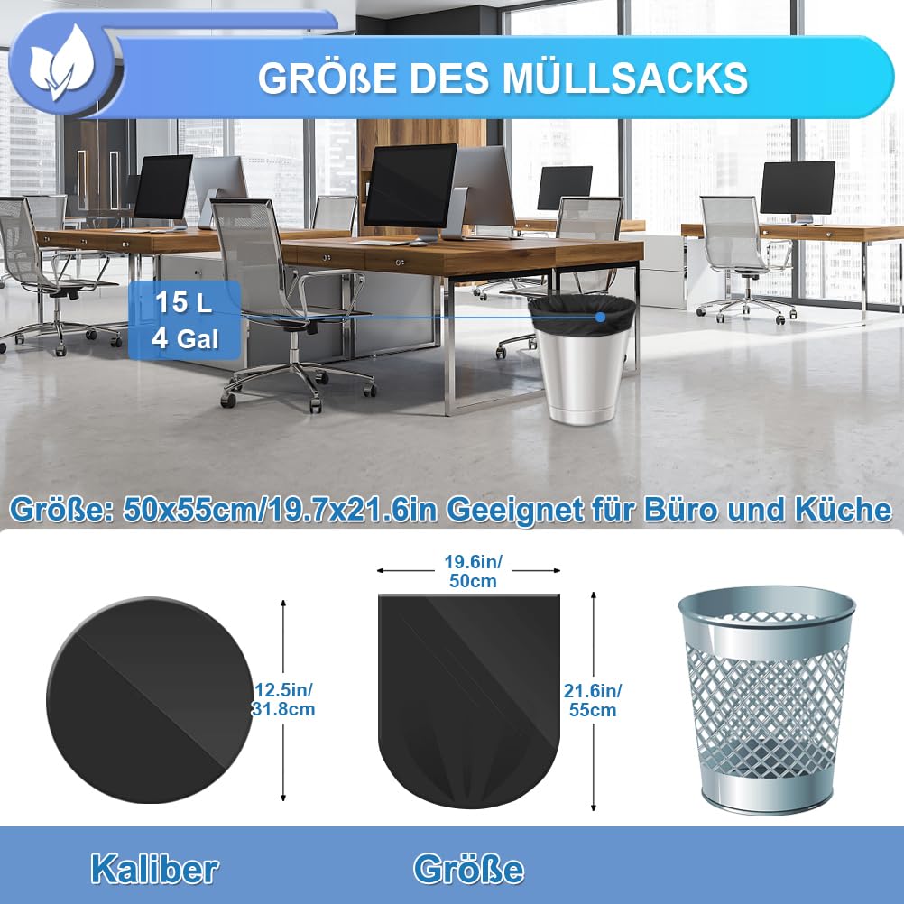 XUXRUS Müllbeutel 15L Müllsäcke Schwarze Mülltüten Kleine Reißfest Abfallbeutel Geeignet für Badezimmer,Toiletten und Küchen,120 Stück