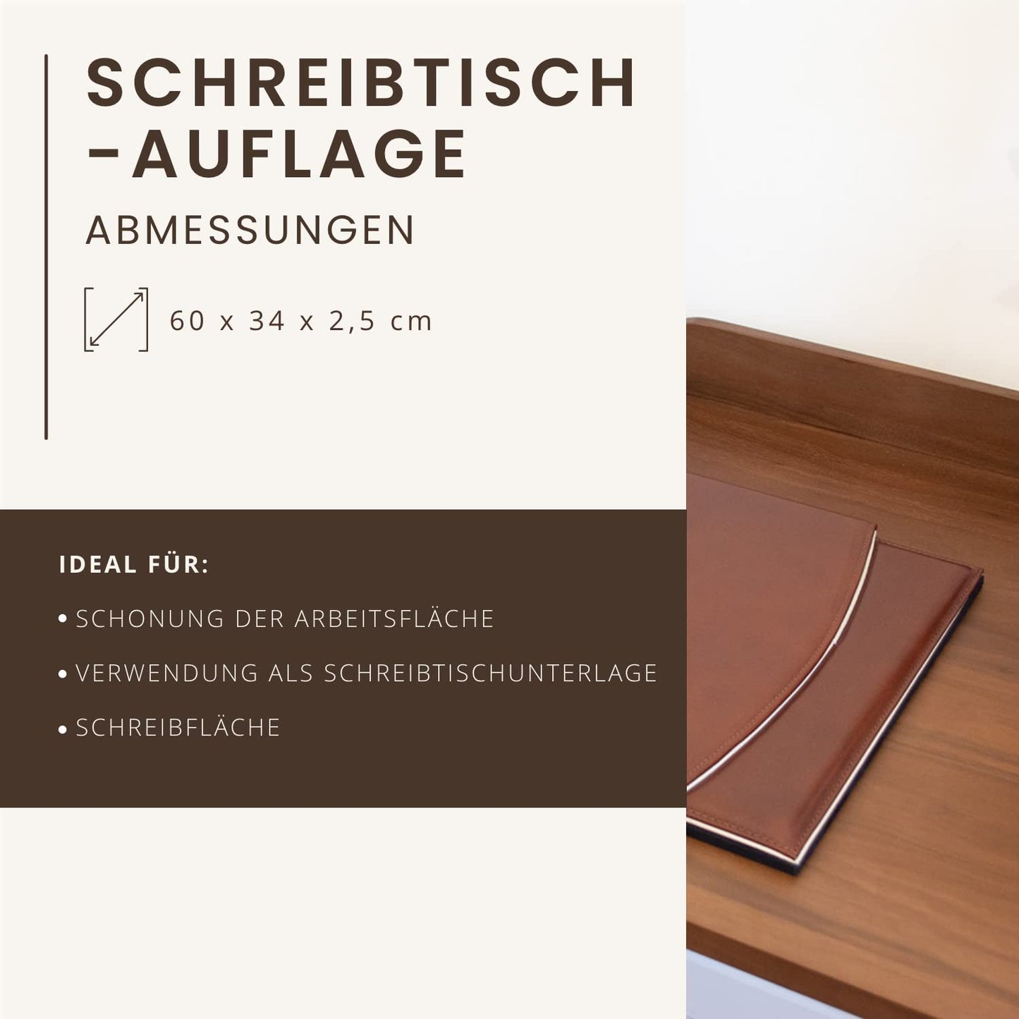 Schreibtisch-Auflage - 100% vollnarbiges Leder – Von fachkundigen Handwerkern in Italien von Hand gearbeitet – Elegant, Weich und Robust - Bedeckt den Schreibtisch, Schützt vor Kratzern - Braun