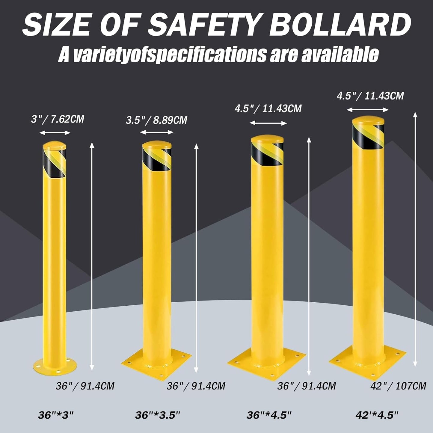 Sicherheitspoller 91cm, Gelber Pulverbeschichteter Stahlrohr-Pollerpfosten, Sicherheitsbarriere mit Ankerbolzen für Parkplätze, Fußgänger, Schulen, etc (3 Stück - 8,9 cm Durchmesser)