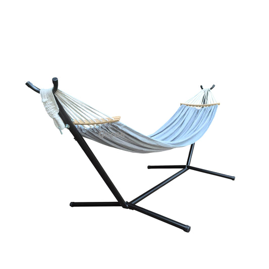 GOCAN Doppelhängematte 2 Person Large 220x160cm mit Stahlständer und Abnehmbarer Spreizstange Last 500lb, Leinwand Baumwollhängematten für Patio Veranda Garten Hinterhof Outdoor und Indoor, grau