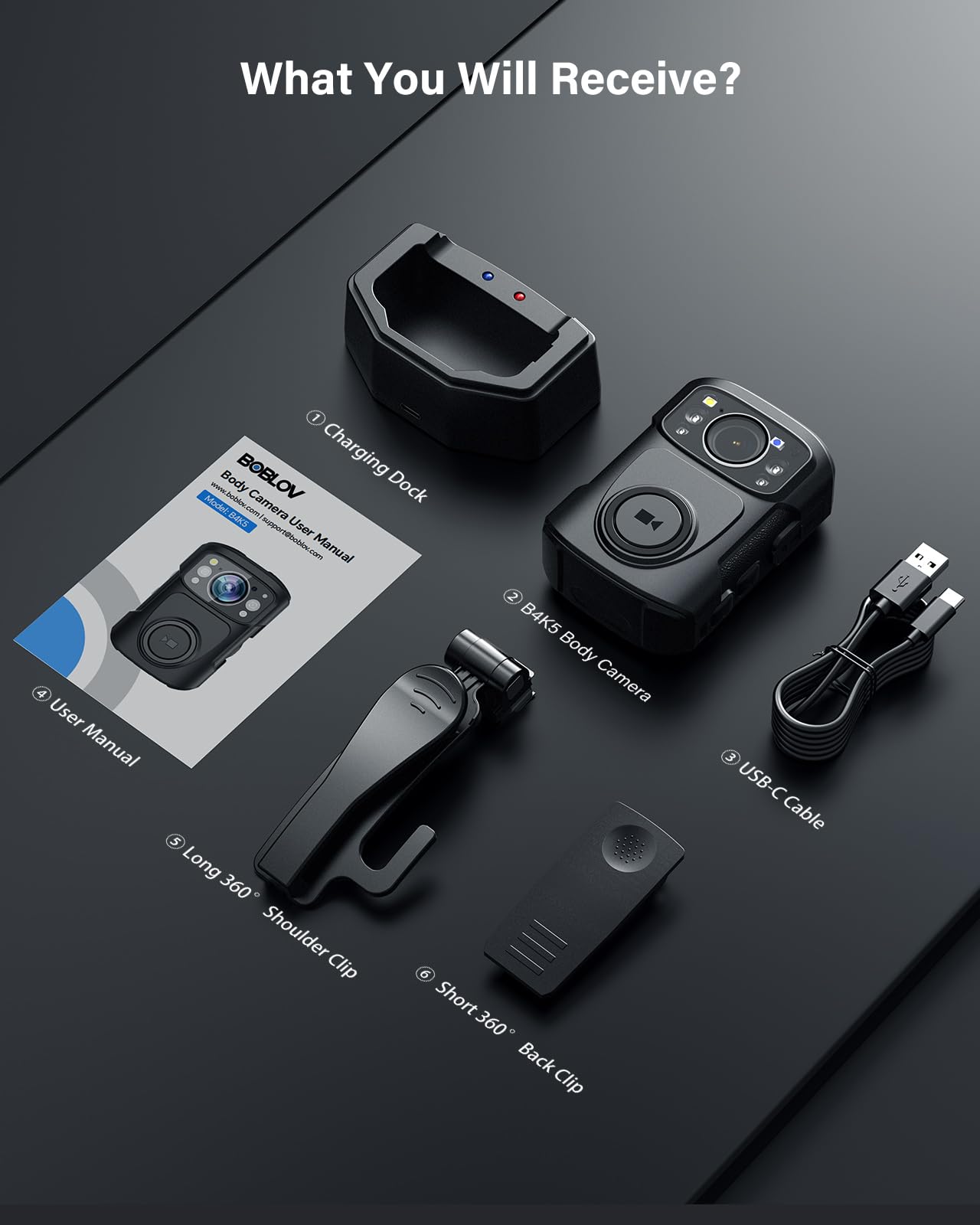 BOBLOV B4K5 4K Body Worn Camera Body Camera with Large 3400mAh for 11Hrs Video Recording, Inter 128GB Camcorder with Night Vision, Charging Dock, for Walking, Traveling, Police Strafverfolgung