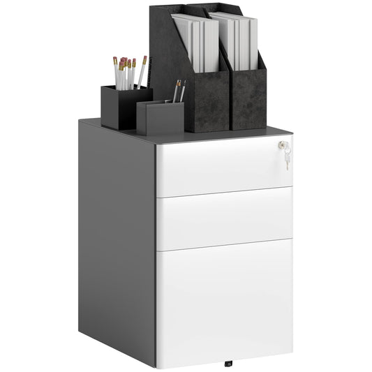Vinsetto Rollcontainer, mobiler Aktenschrank mit 3 Schubladen, abschließbarer Büroschrank mit Hängeregistratur, Aufbewahrung, Stahl, 39 x 48 x 59 cm Weiß+Grau