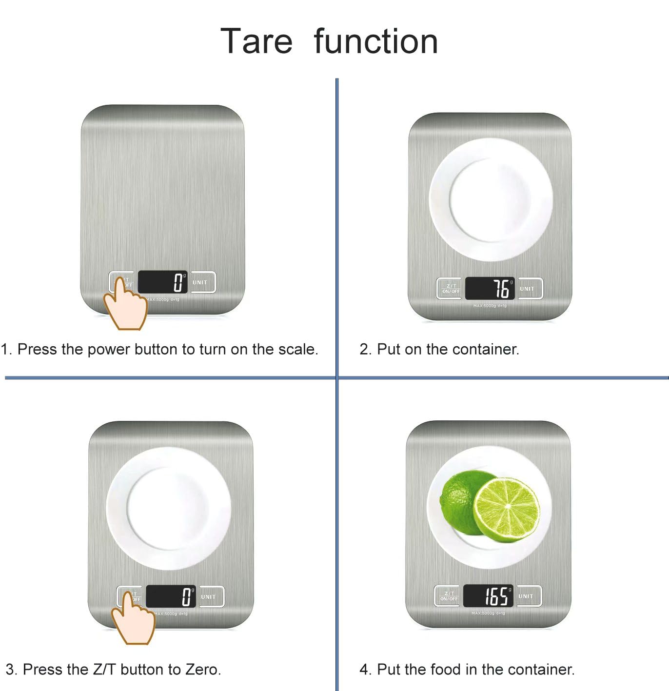 HomeFashion Küchenwaage Edelstahl, Hochpräzise 5kg 1g Digitalwaage mit LCD Display, Tara-Funktion, 6 Maßeinheiten, Batterien inklusive