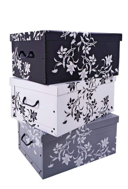 Spetebo 3er Set Aufbewahrungsbox mit Deckel je 51 x 37 cm - Blumenmuster - Stapelbox aus Pappe mit Griffen 45 Liter - Organizer Storage Box Allzweck Spielzeug Kiste Geschenk Karton Barock stapelbar