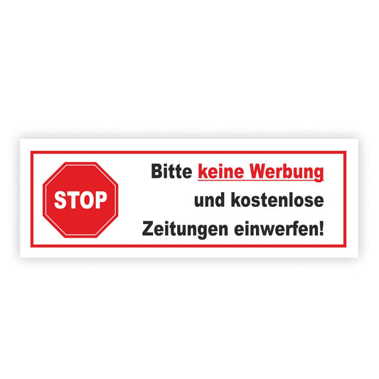Aufkleber Stop Bitte keine Werbung und kostenlose Zeitung einwerfen! I 8,5 x 3 cm I Gegen Reklame im Briefkasten I wetterfest I selbstklebend hin083