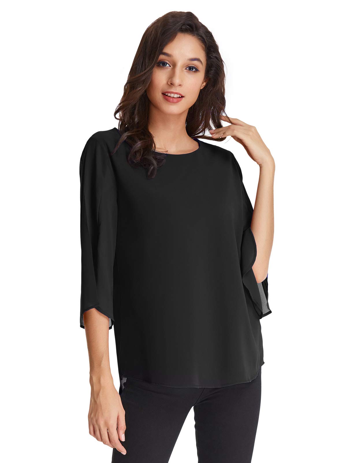 Damen Elegant Chiffon Bluse 3/4 Ärmel Oberteile Langarmshirt Rundhals Tops Casual Shirt 2XL Schwarz CLAF15-3