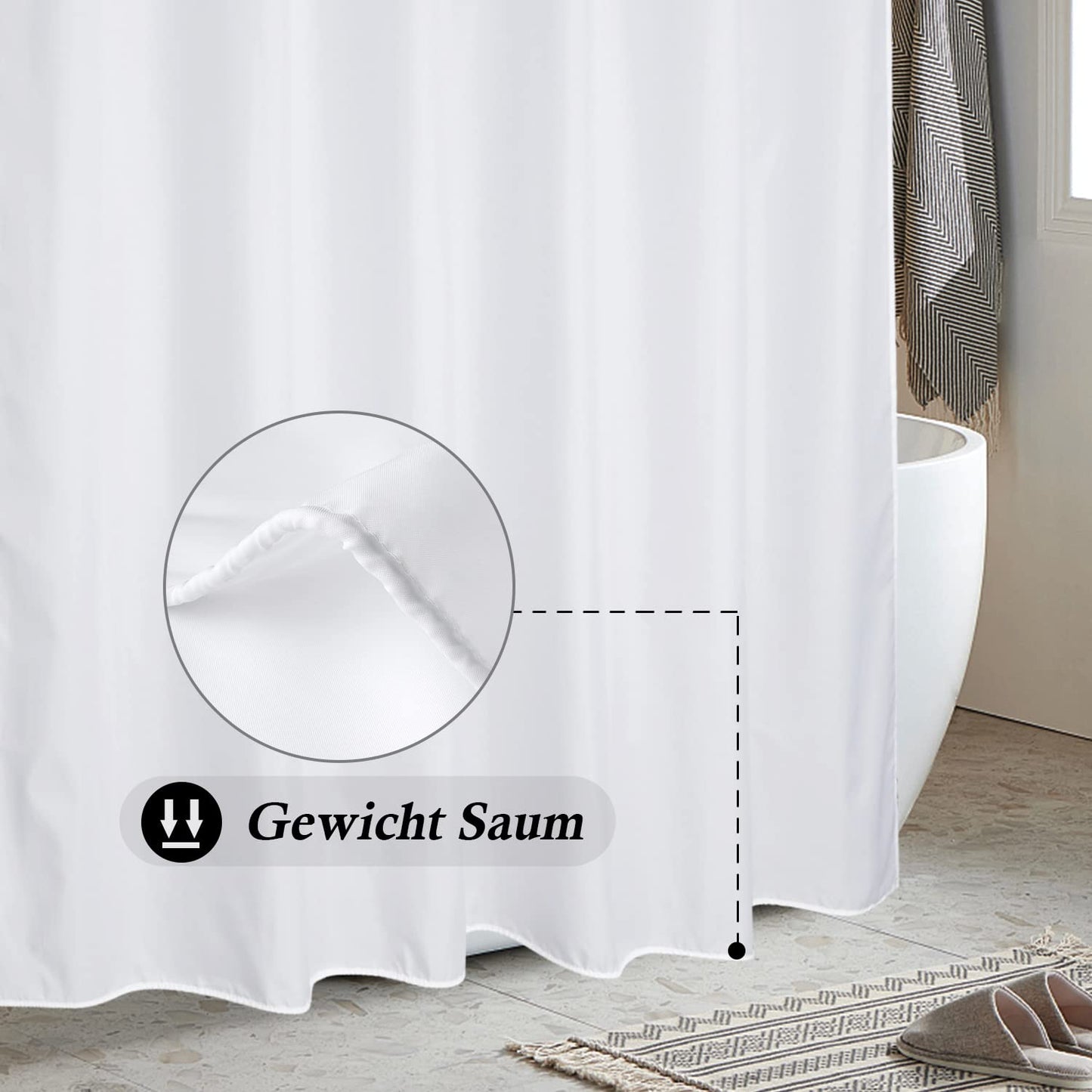 EurCross Duschvorhang 180x200 cm Weiß Textil,Anti-schimmel Wasserdicht und Trocknet Schnell,Waschbar Hochwertig Stoff Duschvorhang Badewanne 1.8 x 2m Lang mit 12 Ringen