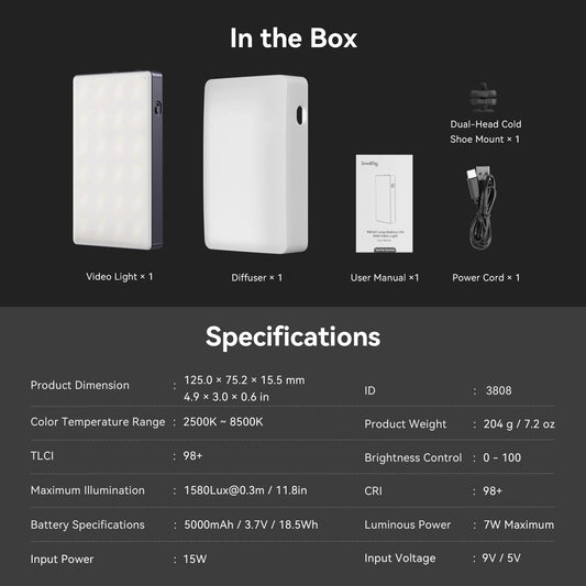SMALLRIG Led Videoleuchte RGB, 5000mAh Fotolicht mit OLED-Bildschirm, Cold Shoe Mount und Diffusor, 1500Lux@0.3m 2500K-8500K Ganzmetallkamera-Dauerlicht mit 12 Lichteffekte, RM120-3808