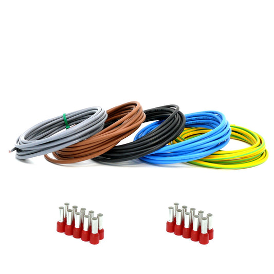 Verdrahtungssatz 5x 1m (schwarz, grau, braun, blau, grün/gelb) Aderleitung flexibel H07V-K 10 mm² inkl. Aderendhülsen 10mm2 für Zählerschrank Verteilung (Set 5x 1 Meter & 20 AEH)