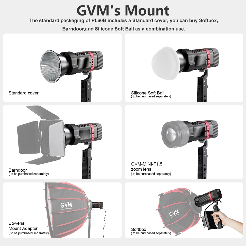 GVM 60W LED Videolicht mit Akku, APP-Steuerung COB Studiolicht LED, 2700K-6800K LED Fotografie Dauerlicht für Film Studio Video YouTube, LED Videolampe mit 12 Lichteffekten, 49300Lux/0,5m Fotolicht