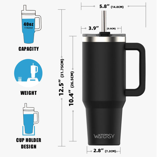 WATERSY 40oz Kaffeebecher to Go Thermobecher Doppelwandiger Edelstahl Vakuum Auslaufsicher Trinkbecher mit Griff und Strohhalm Thermo Tumbler Schwarz