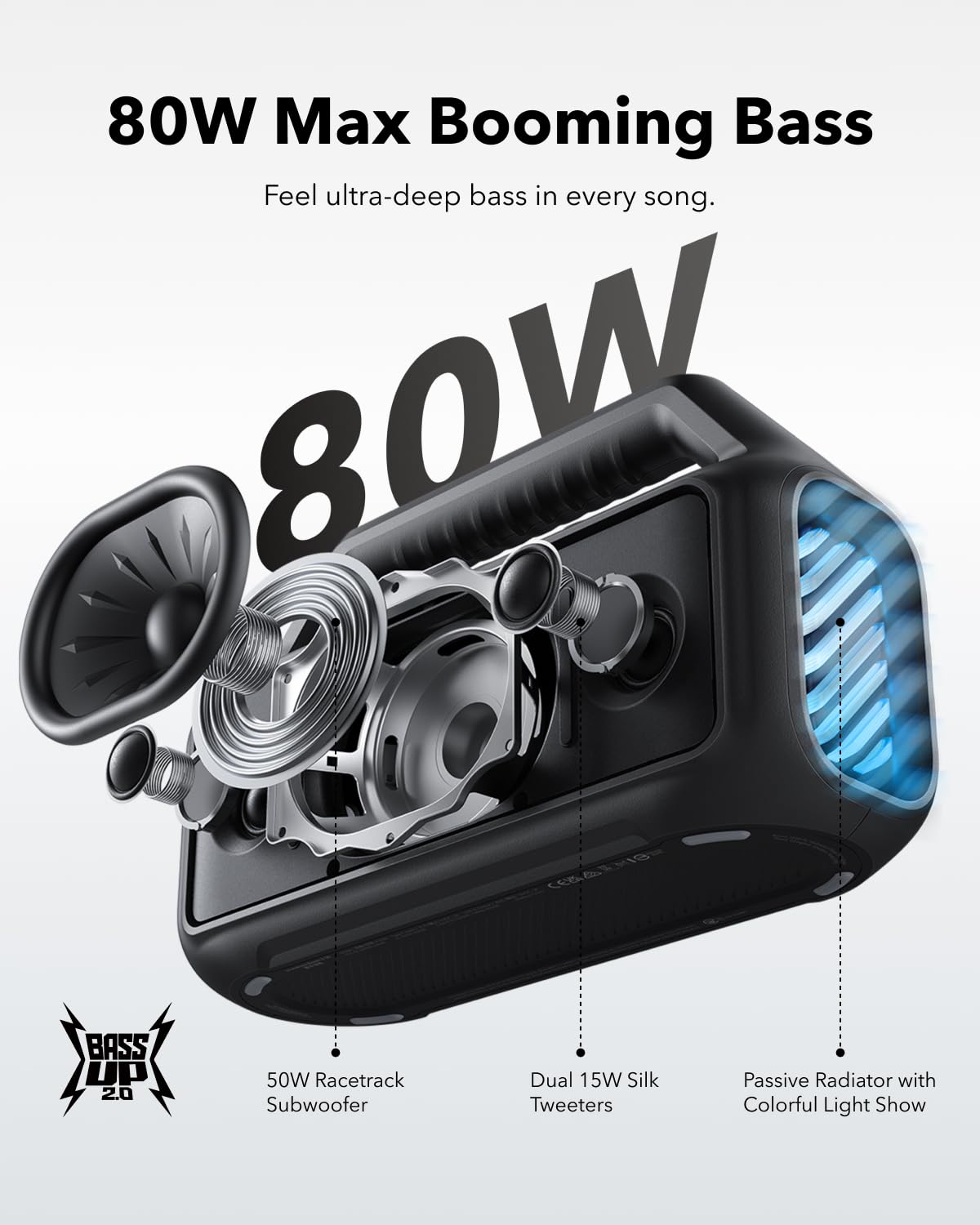 soundcore by Anker, Boom 2 Outdoor-Lautsprecher, 80W, Subwoofer, BassUp 2.0, 24h Akku, IPX7 Wasserdicht & Schwimmt, LED-Licht, USB-C, EQ, BT 5.3, Mobiler Bluetooth-Speaker, Camping, Strand, Garten