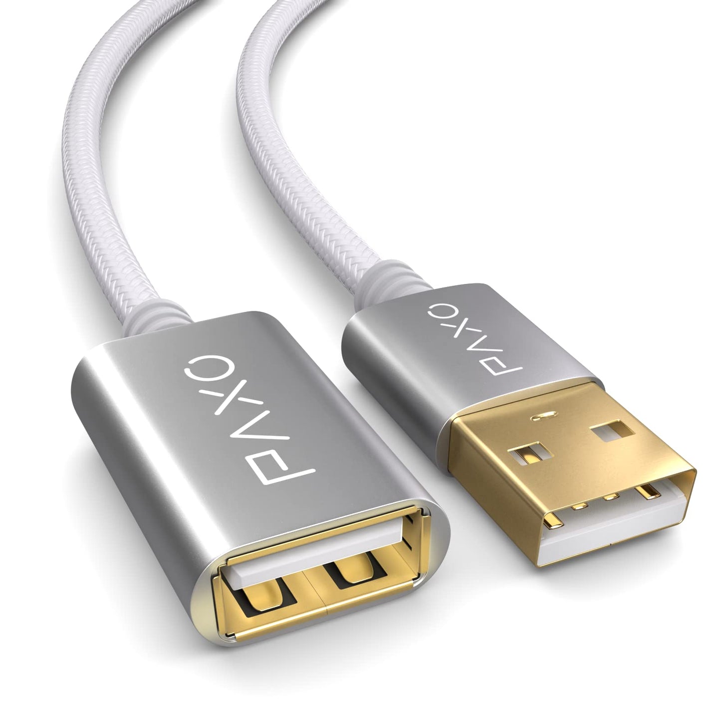 PAXO 1m Nylon USB 2.0 Verlängerung weiß, A-A Verlängerungskabel, Aluminiumstecker, Stoffmantel