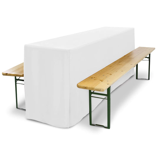 Beautissu Basic L 3 TLG. Bierbank Hussen & Biertisch Husse Set Bodenlang – Edles Hussen Komplettset 70 cm breite Festzeltgarnitur mit Oeko-TEX Siegel in Weiß