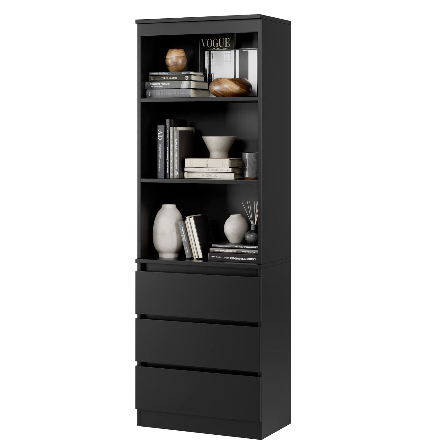 FirFurd Bücherregal mit 3 Schubladen 3 Fächern, 180 cm Hochschrank, Küchenschrank aus Holz, Mehrzweckschrank für Wohnzimmer Büro Küche, Schwarz
