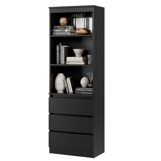 FirFurd Bücherregal mit 3 Schubladen 3 Fächern, 180 cm Hochschrank, Küchenschrank aus Holz, Mehrzweckschrank für Wohnzimmer Büro Küche, Schwarz