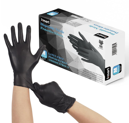 K-MART Einweghandschuhe, Schwarze Nitrilhandschuhe - 100 Stück Handschuhe, Puderfrei & Latexfrei Handschuhe Einweg, Einmalhandschuhe für Küche, Reinigung, und Medizin