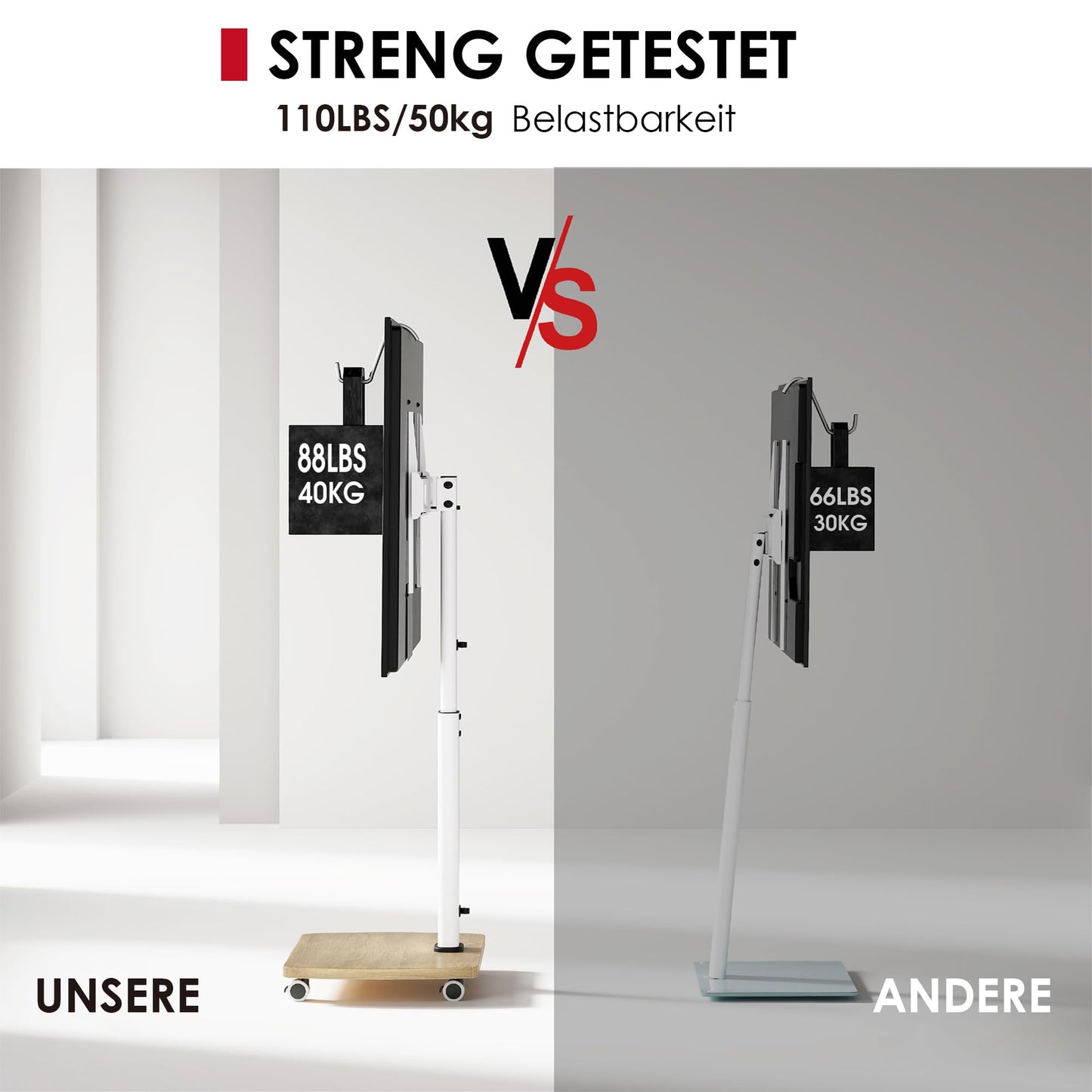 AOKCOS TV Ständer Rollbar mit Holzablage, Fernsehständer auf Rollen für 32-65 Zoll Fernseher, TV Bodenständer Höhenverstellbar Schwenkbar, bis 40 kg Max. VESA 400x400mm (Weiß+Natur)