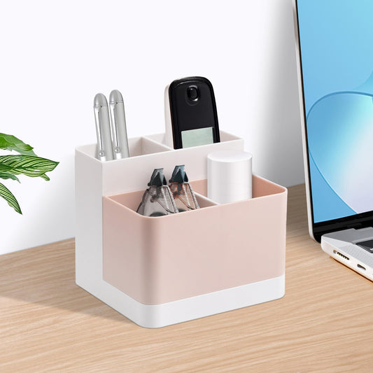 poeland Schreibtisch Organizer – 4-Fächer Stiftehalter und Sortierbox für Bürobedarf, Smartphone und Kosmetik, Weiß/Rosa