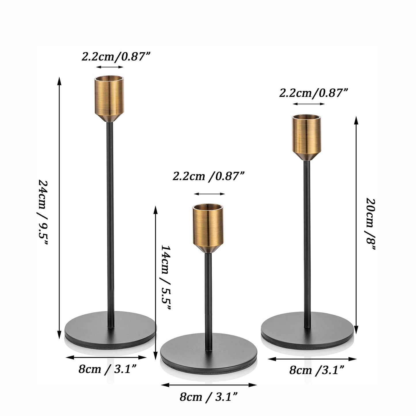 Romadedi Kerzenständer Gold & Schwarz - 3er-Set Hoch Kerzenhalter Unterschiedlicher Größe für Stabkerze Kerzen Metall Vintage Modern Deko Tischdeko für Weihnachten Hochzeit Wohnzimmer, 24/20/14 cm