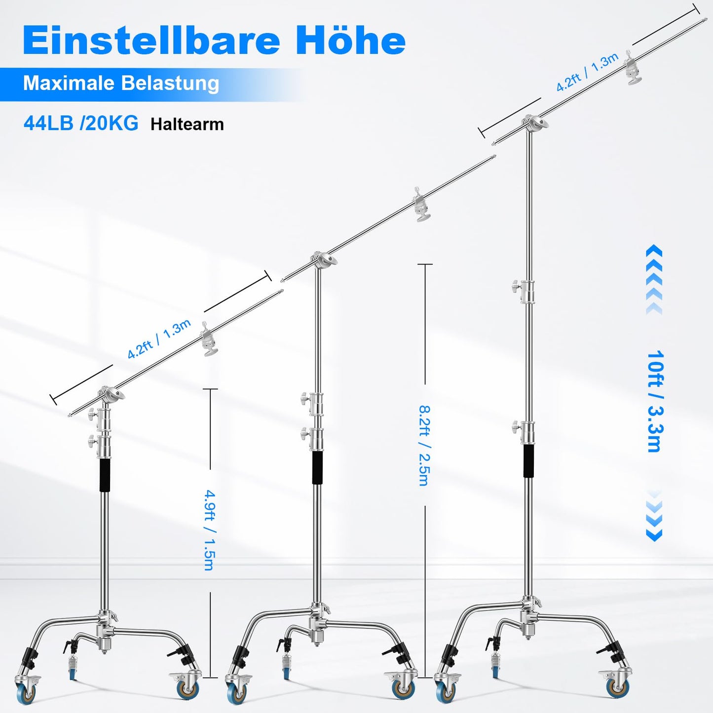 Soonpho C Stand 3m Edelstahl Heavy Duty mit Galgenstativ 330cm und 130cm Haltearm Kit,4 Grip Head Einstellbar,Lichtstativ,für,Softbox,Aufnahmestudio,Monolights,Fotoreflektoren,Flash,Kamera