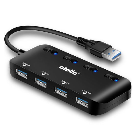atolla 4 Port USB 3.0 Hub, USB-Hub aktiv Verteiler Datenhub 5Gbps mit einzelnen Power Schalter und LEDs