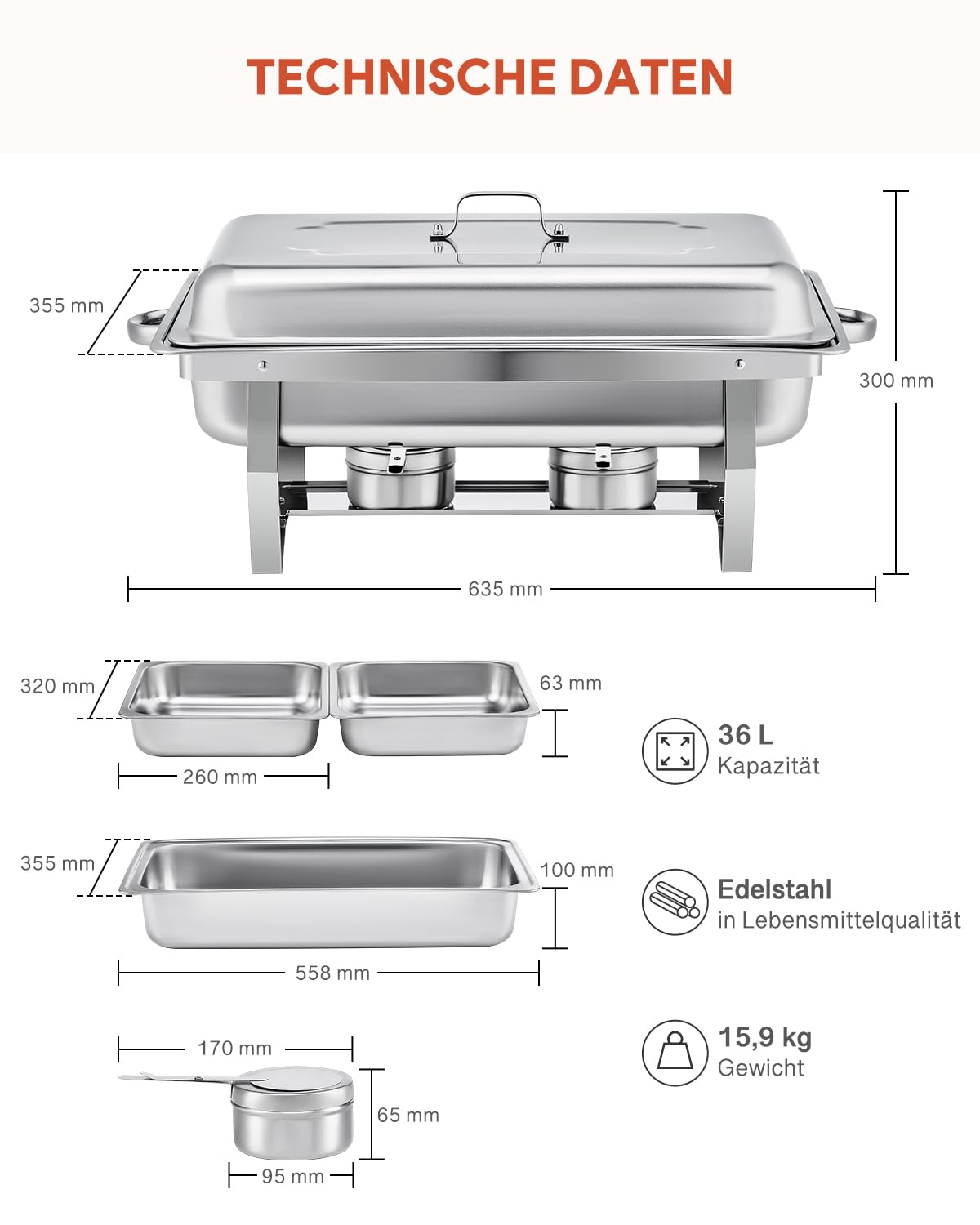 Wilprep Chafing Dish Edelstahl Buffet-Set Warmhaltebehälter Speisenwärmer Wärmebehälter Rechaud für Catering, Buffet und Party (4 Set 1/2+1/2 GN -Behälter)