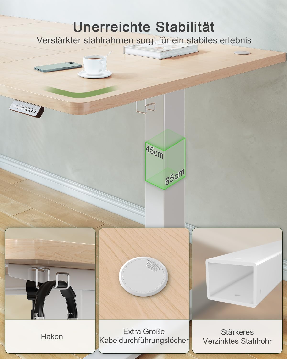 JUMMICO Elektrisch Höhenverstellbarer Schreibtisch 180 × 80 cm – Beige, mit USB & Memory