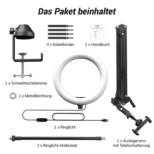 TONOR Overhead-Ringlicht-Kit, 10-Zoll-Ringlicht mit robustem Auslegerarm und Telefonhalter, Einstellbarer Winkel, geeignet für Videoaufzeichnung, Live-Stream, Zeichnen, Make-up-Nägel