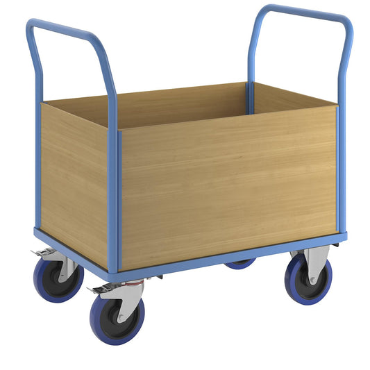 eurokraft | pro | Plattformwagen mit Holzwänden | Vollelastik-Rollen | 4 hohe Wände | Ladeflächen-LxB 995 x 645 mm