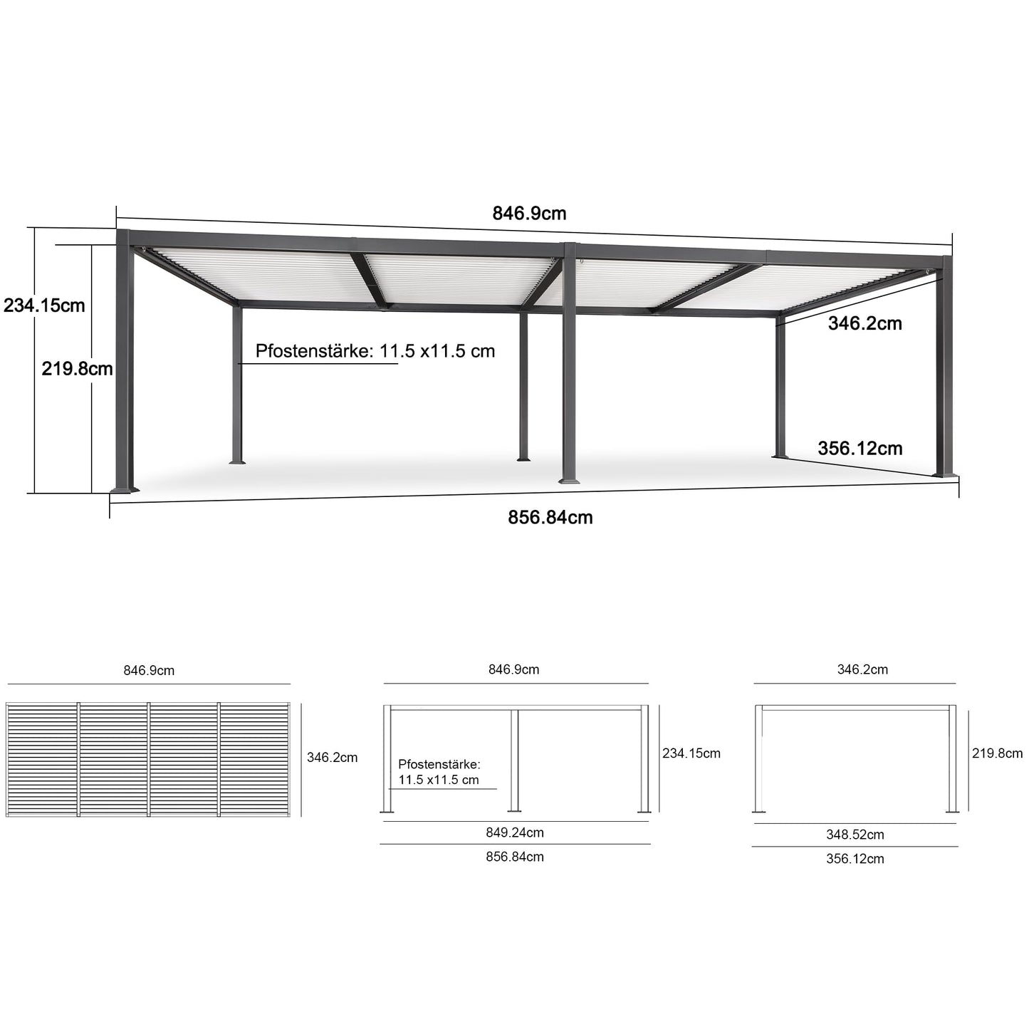 PURPLE LEAF Pergola 3.45 x 8.3 m Wasserdicht Stabil Winterfest Alu Pergola Freistehend mit Lamellendach Terrassenüberdachung mit Alu-Lamellen für Partyzelt, Grauer Rahmen und Weißes Dach
