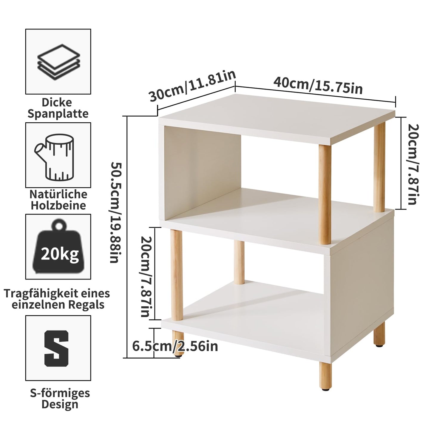 Aibiju Beistelltisch Weiß, Schmaler Nachttisch mit 2 Ablagen, Sofa- oder Kaffeetisch für Schlafzimmer, Wohnzimmer, Weiß mit Holzbeinen