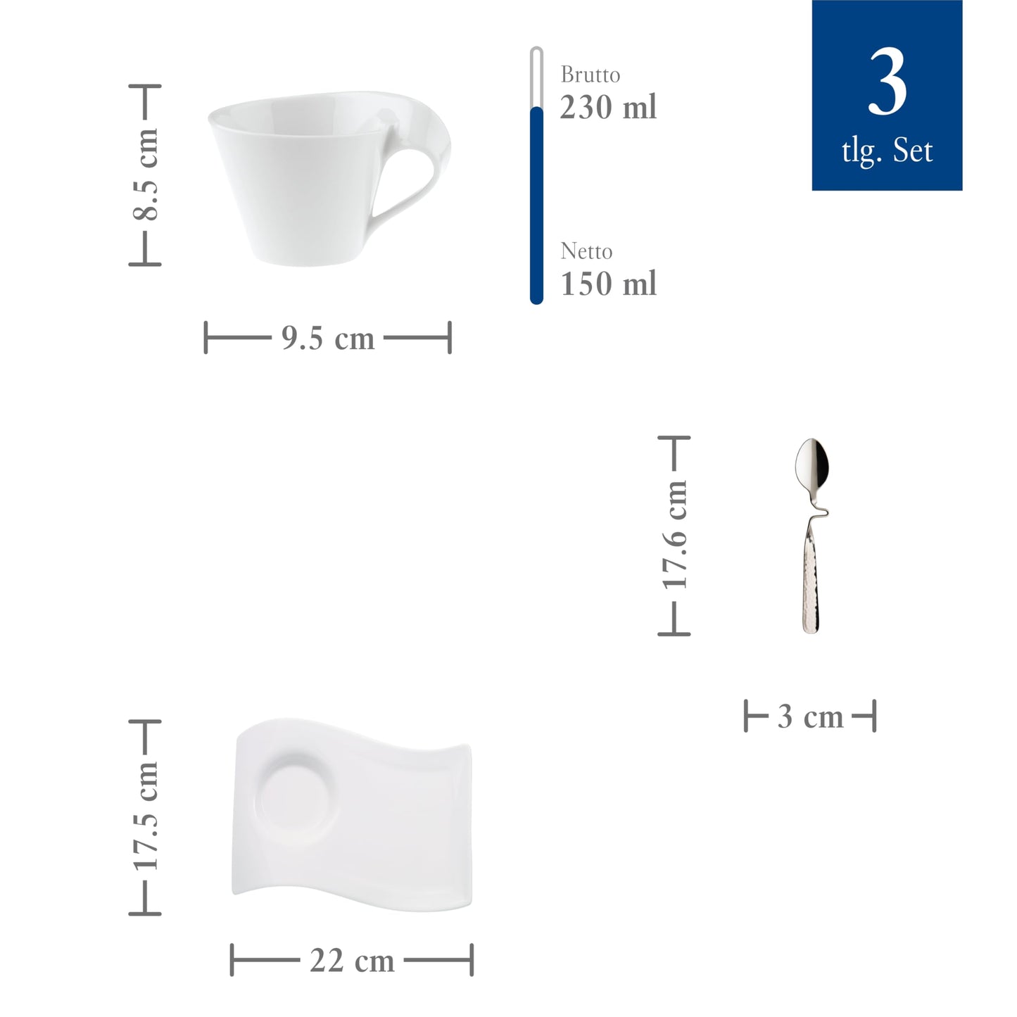 Villeroy & Boch – Newwave Caffè Cappuccino Tassen Set, Spülmaschinenfest, Mikrowellensicher, Cappuccinotassen, Kaffee Geschirr Set, Tasse, Untertasse, Löffel, Premium Porzellan, Edelstahl