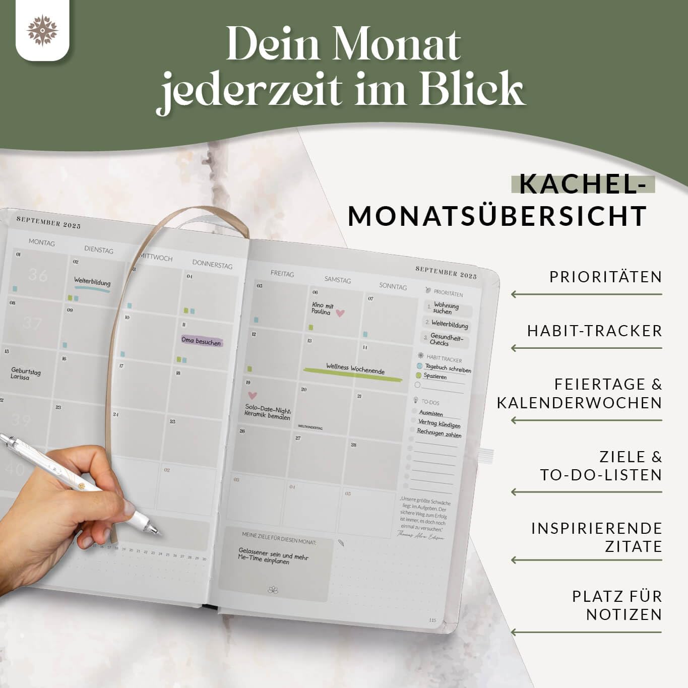 Lebenskompass Kalender 2025 Buchkalender A5 "ROSENBLATT" - Schöner Wochenkalender & Terminplaner 2025 - stabiles Hardcover - Taschenkalender 2025 - Buchkalender A5 + Viele Extras