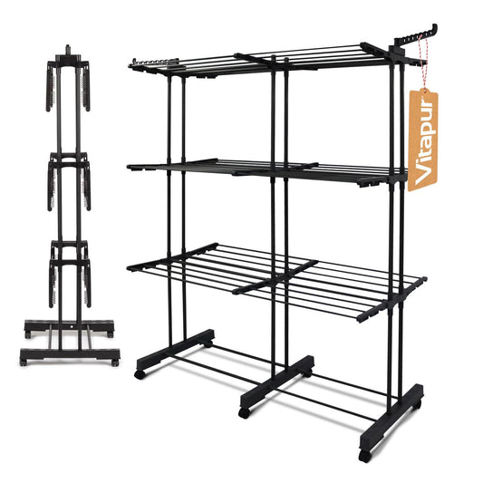 Vitapur Wäscheständer VertyDry Duo, Vertikaler Wäscheständer, 3-stufiger Turmwäscheständer Holz, Platzsparender Hoch Standtrockner für Balkon, XXL Wäschetrockner Ständer