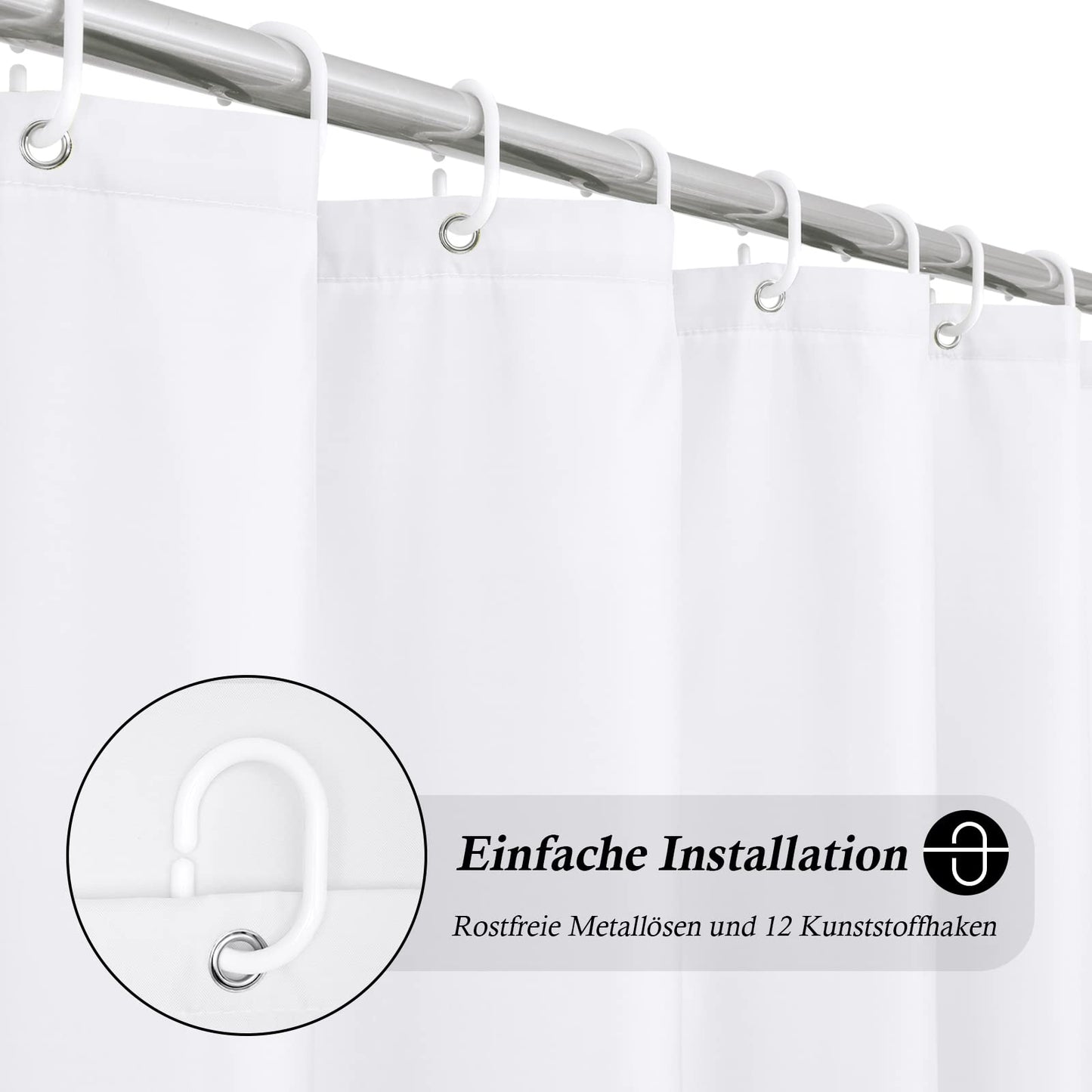 EurCross Duschvorhang 180x200 cm Weiß Textil,Anti-schimmel Wasserdicht und Trocknet Schnell,Waschbar Hochwertig Stoff Duschvorhang Badewanne 1.8 x 2m Lang mit 12 Ringen