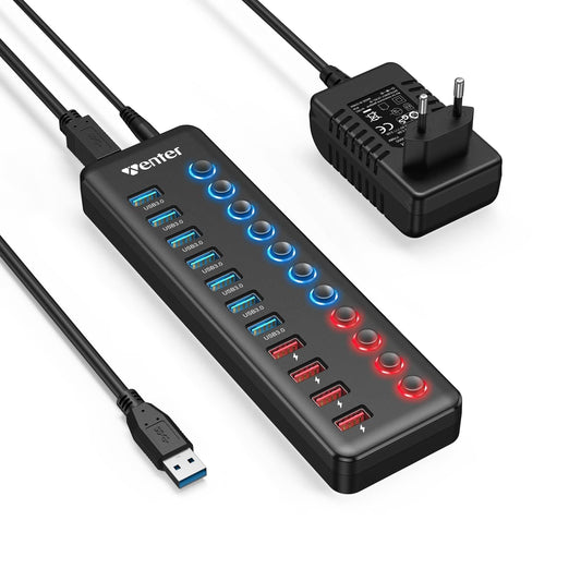 USB Hub Aktiv 3.0 mit Netzteil 36W, WENTER 11 in 1 USB Hub (7 USB 3.0 Ports Datenübertragung und 4 Ports Schnellladegerät) mit Schalter und 1 Intelligenter Charging Port und 12V/3A Netzteil Adapter