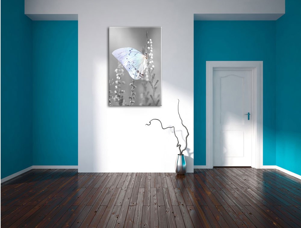 Pixxprint Schmetterling auf Blütenknospen, Größe: 60x40cm, Leinwandbild, fertig gespannt, Wandbild, Dekoration, Kunstdruck, kein Poster