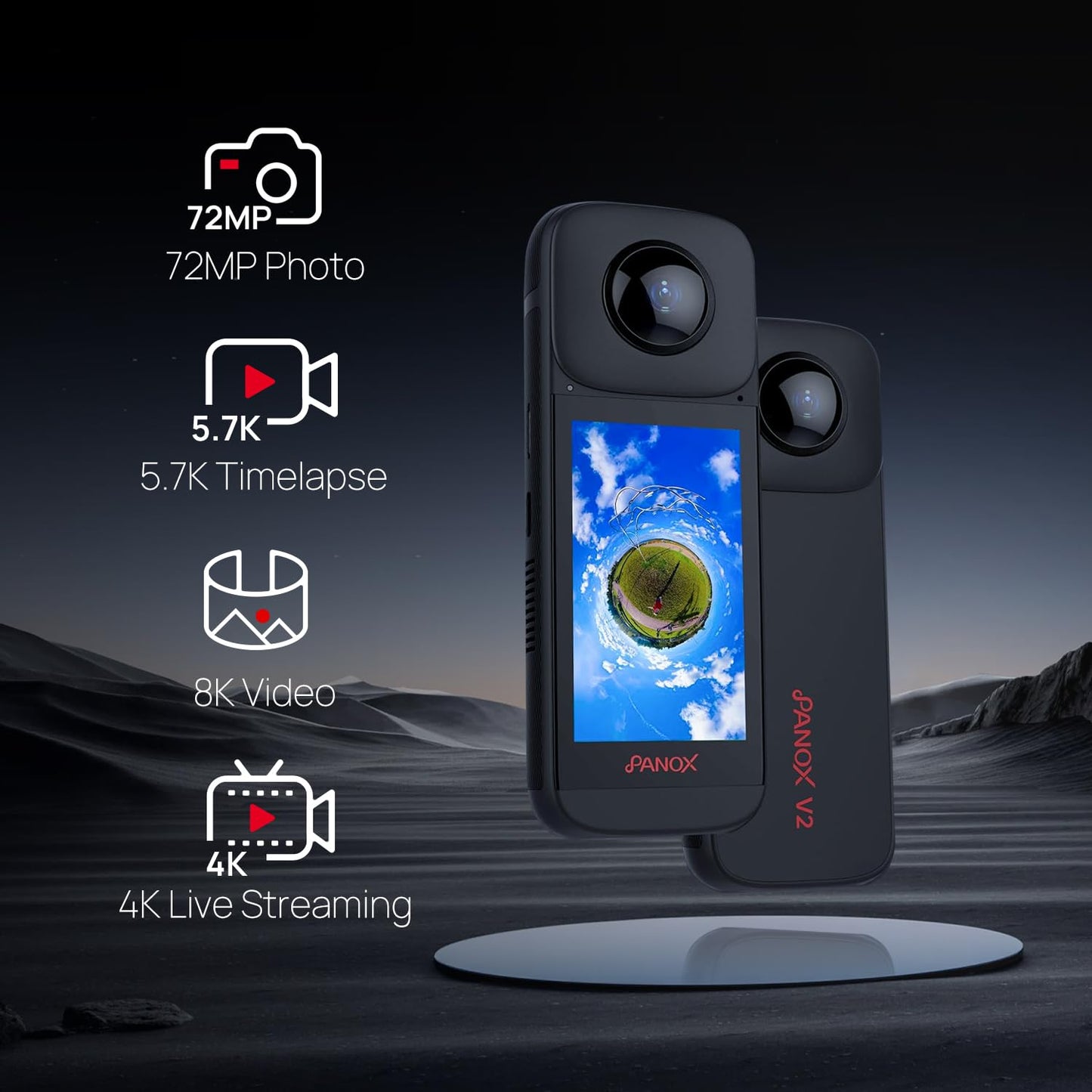 PANOX V2 360 Vlog Kamera mit 1/2" 48MP Sensoren, 5,7K 360 Video, 72MP 360 Foto, In-Kamera EIN-klick Schnellfreigabe, Multi-Plattform 4K 360 Live-Streaming, 3,0" Touchscreen, Schnellladung