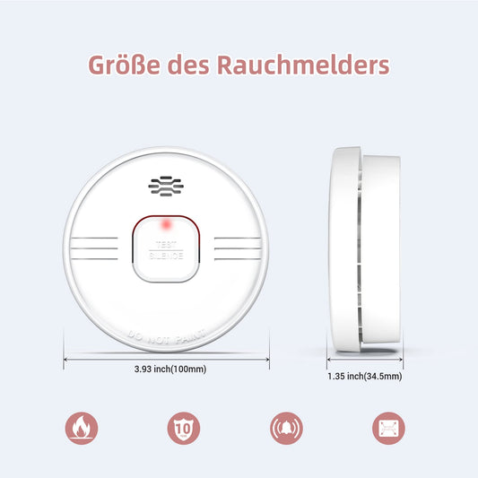 Putogesafe Rauchmelder, 10-Jahres-Feuermelder, Brandmelder mit eingebauter 10-Jahres-Lithiumbatterie, Feueralarm mit Testknopf, EN 14604 Zertifiziert, Brandschutz für Zuhause, 208B, 2 Stück