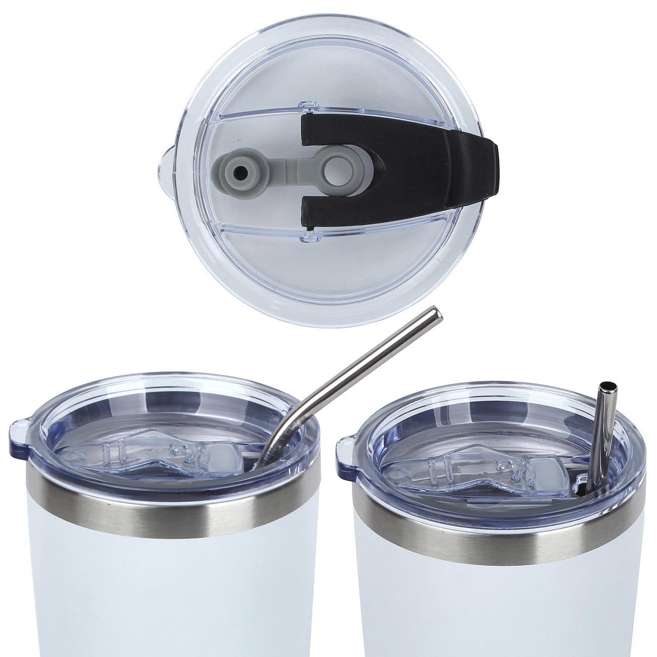 Rosenstein & Söhne Isolierbecher 600 ml – Edelstahl, Weiß, inkl. Deckel & Edelstahl-Strohhalmen